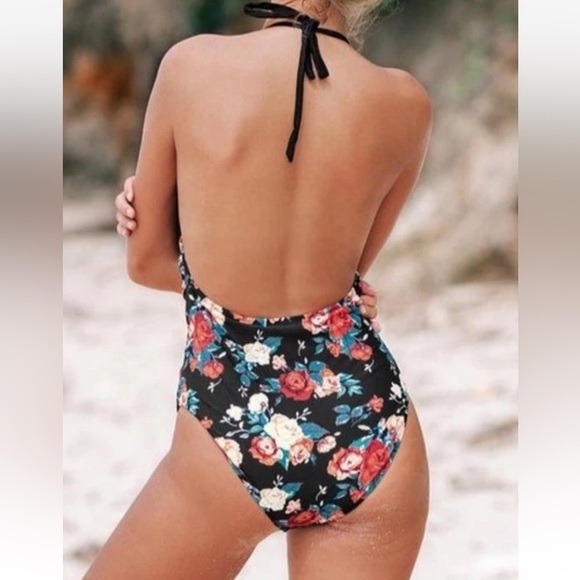 NWT Cupshe Black Floral Halter Tummy Control One Piece Swimsuit Womens‎ M (1103) - Picture 3 of 8